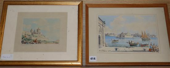 Edwin Galea, two watercolours, Grand Harbour and Mdina, Old City, Malta, signed and dated 1951 and 1946, largest